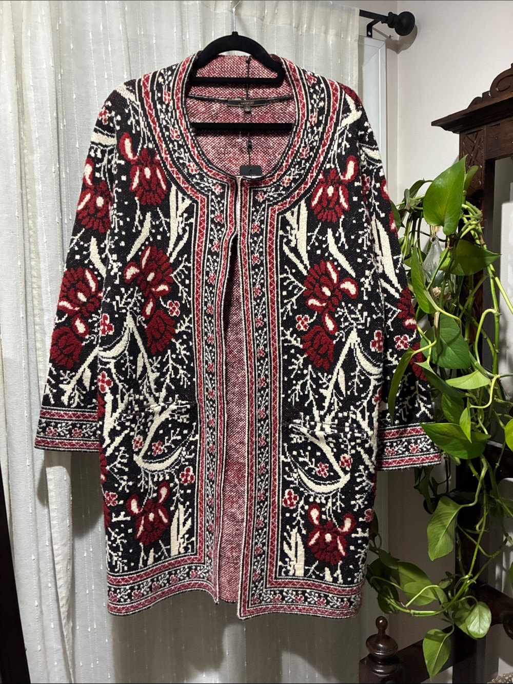 Max Sport LA Burgundy Black Jacquard Sweater Coat Cardigan L NWT $368